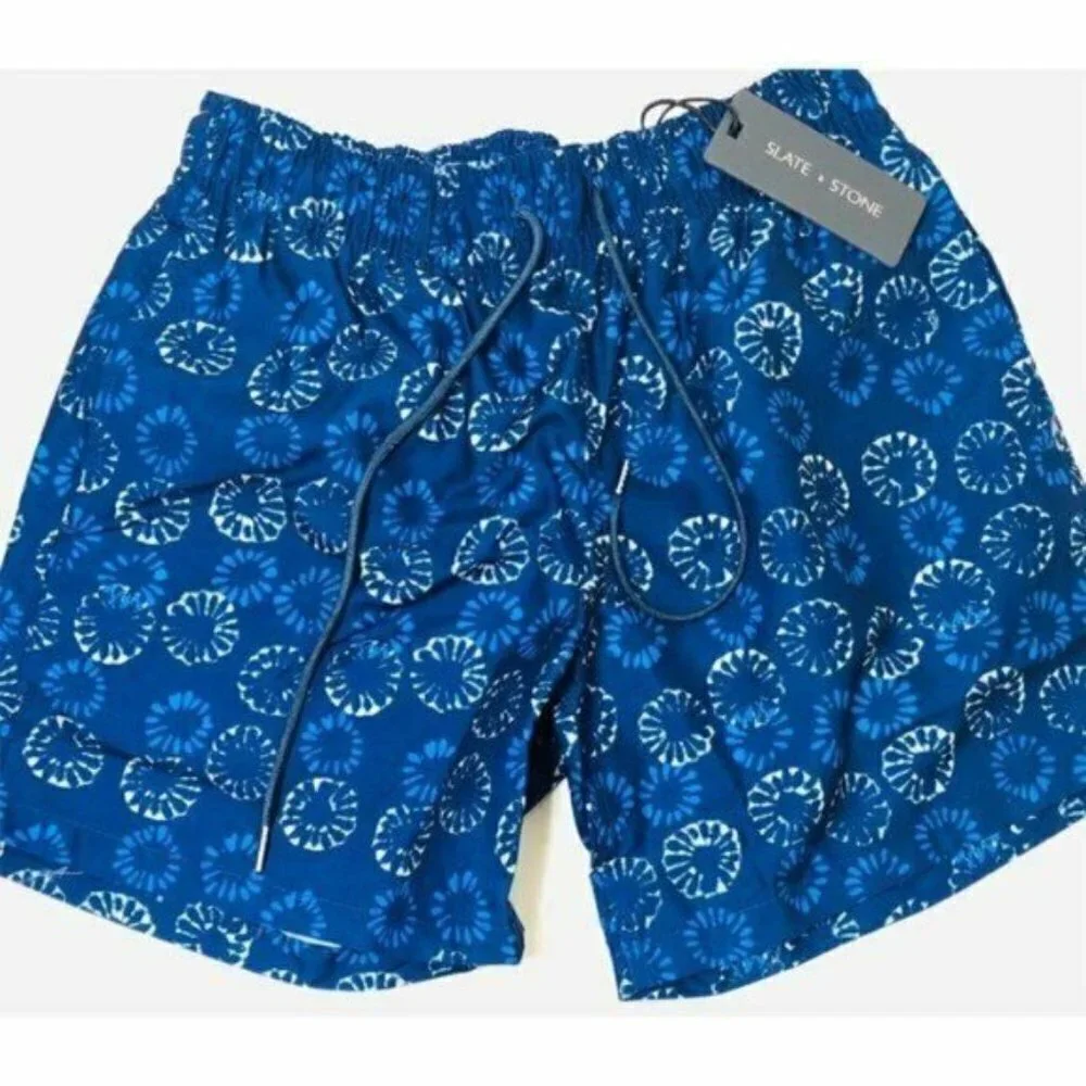 Slate & Stone Mens Blue Geo Print Pockets Swim Trunks Swimwear Sz L New